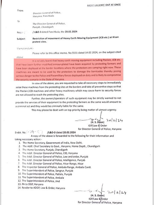 Haryana DGP Letter To Punjab DGP Farmers Delhi Chalo March Update