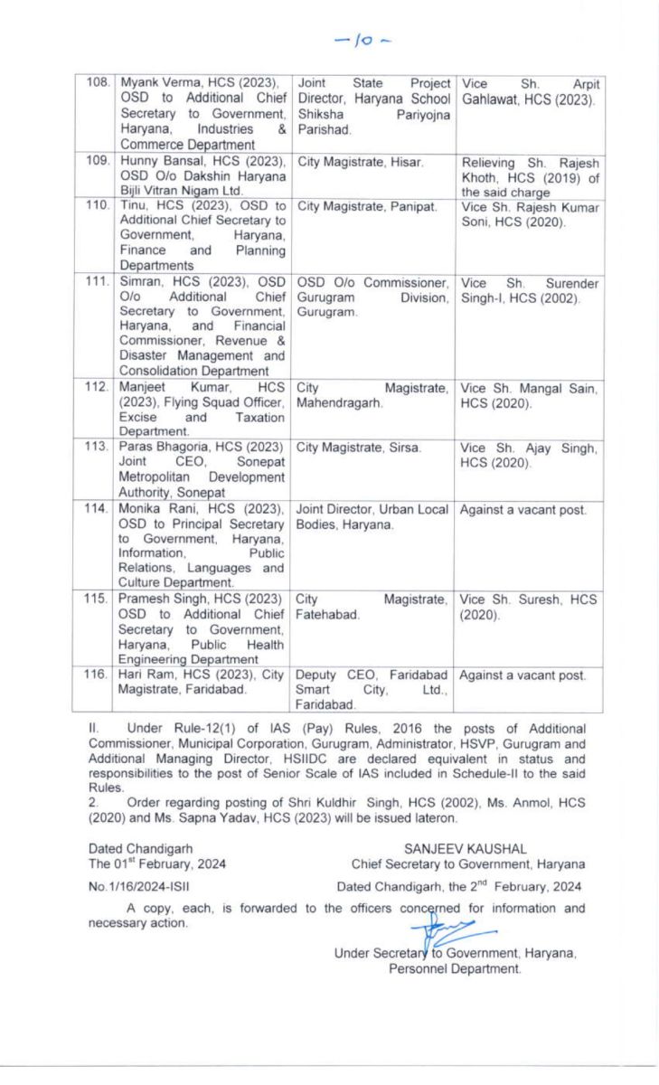 Haryana HCS Transfers