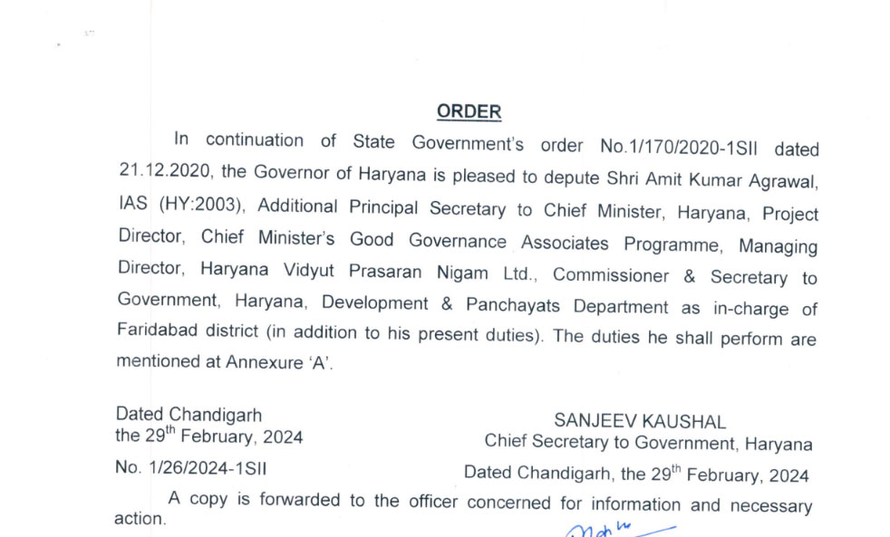 Haryana IAS-HCS Gets Additional Charge News Update