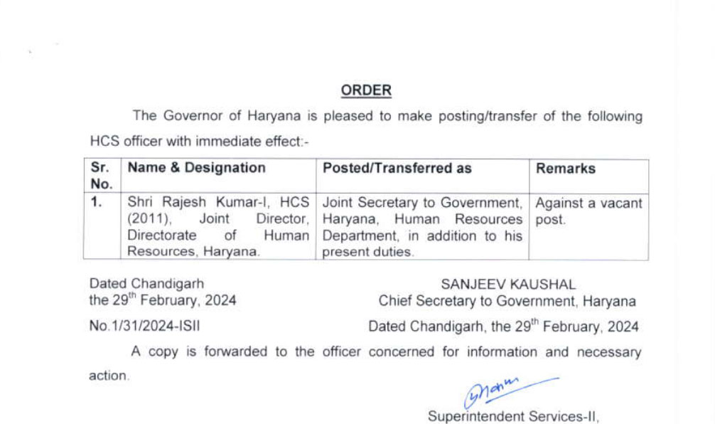 Haryana IAS-HCS Gets Additional Charge News Update