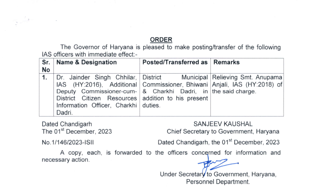 Haryana IAS Transfers Govt Orders Latest Update