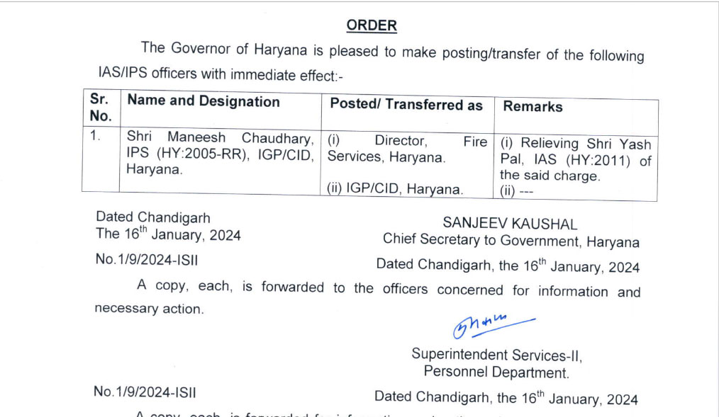 Haryana IPS-IAS Officers Transfers Govt Order Latest