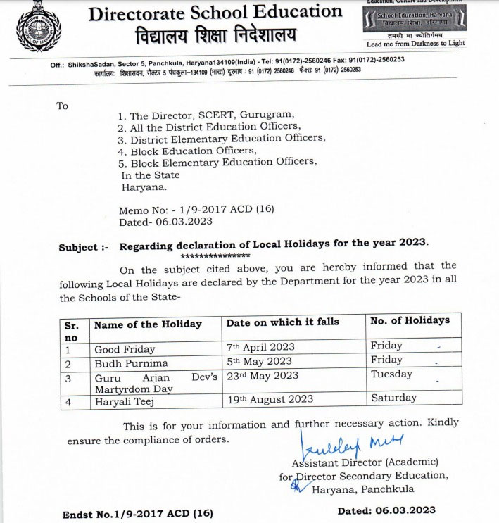 Haryana Local Holidays For Year 2023