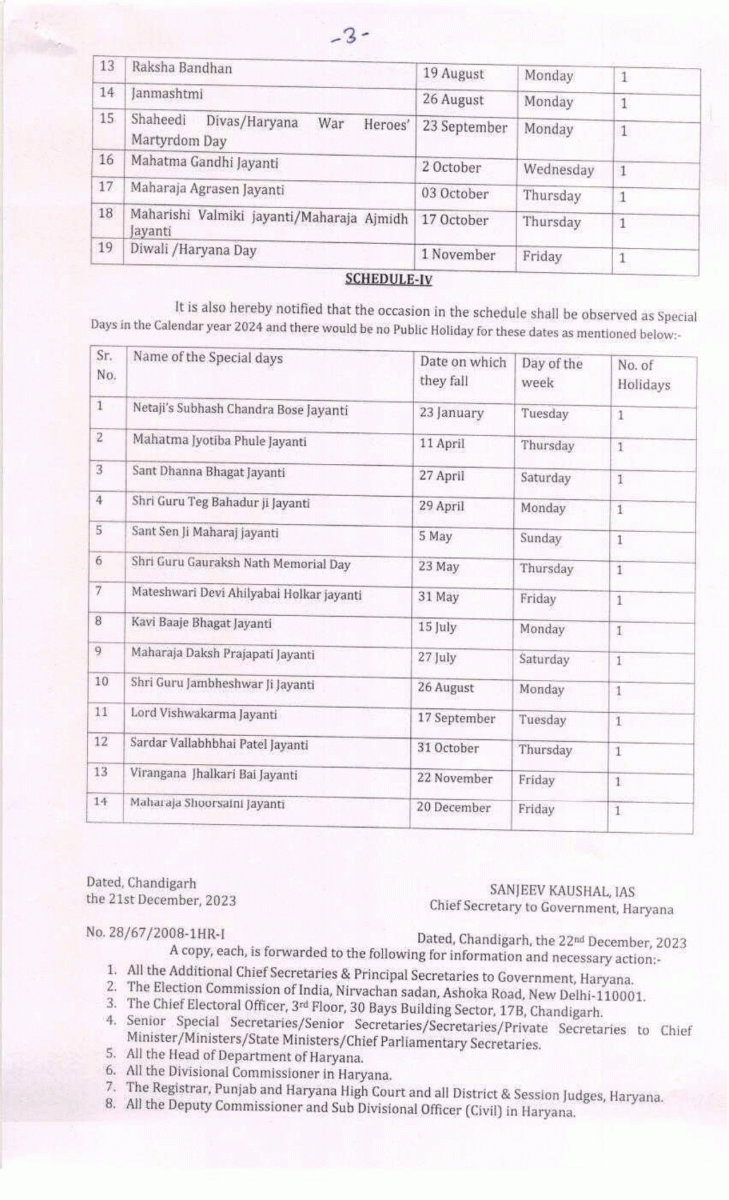 Haryana Public Holidays 2024