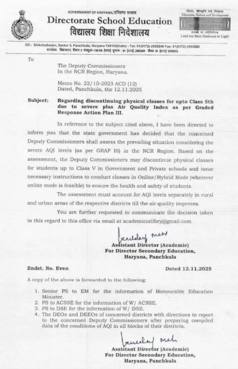 Haryana Schools Closed Notification Due To Severe Air Pollution Level