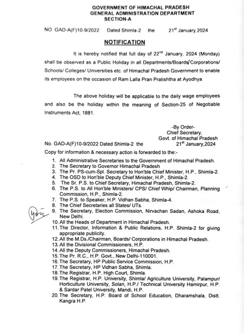 Himachal Govt Announced Holiday on 22 January Ramlala Pran-Pratishtha