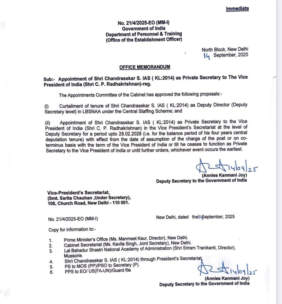 IAS Chandrashekhar Appointed as Private Secretary of Vice President