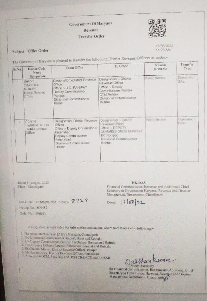 Haryana Officers Transfers