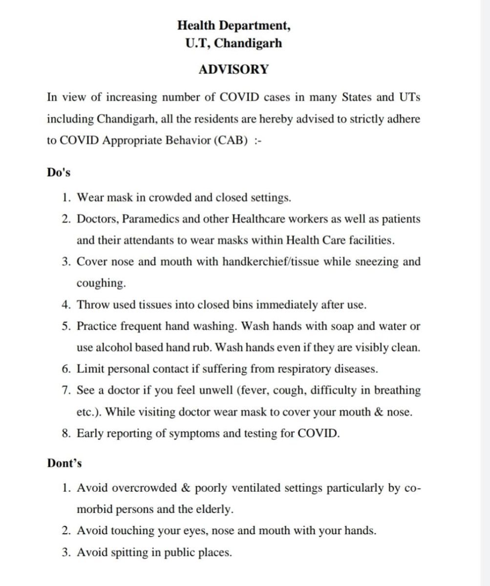 Advisory issued on Corona in Chandigarh