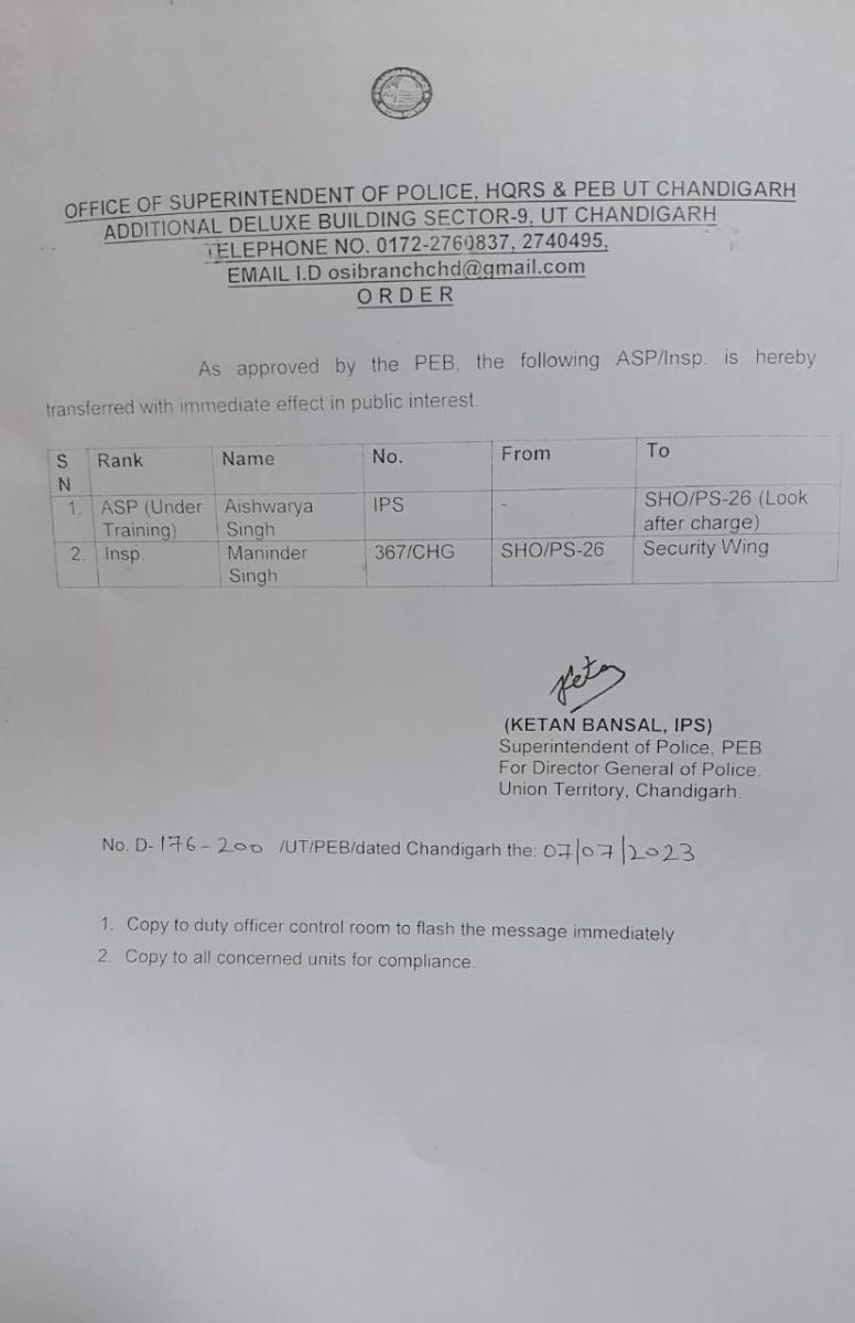 Chandigarh Police Transfers Postings
