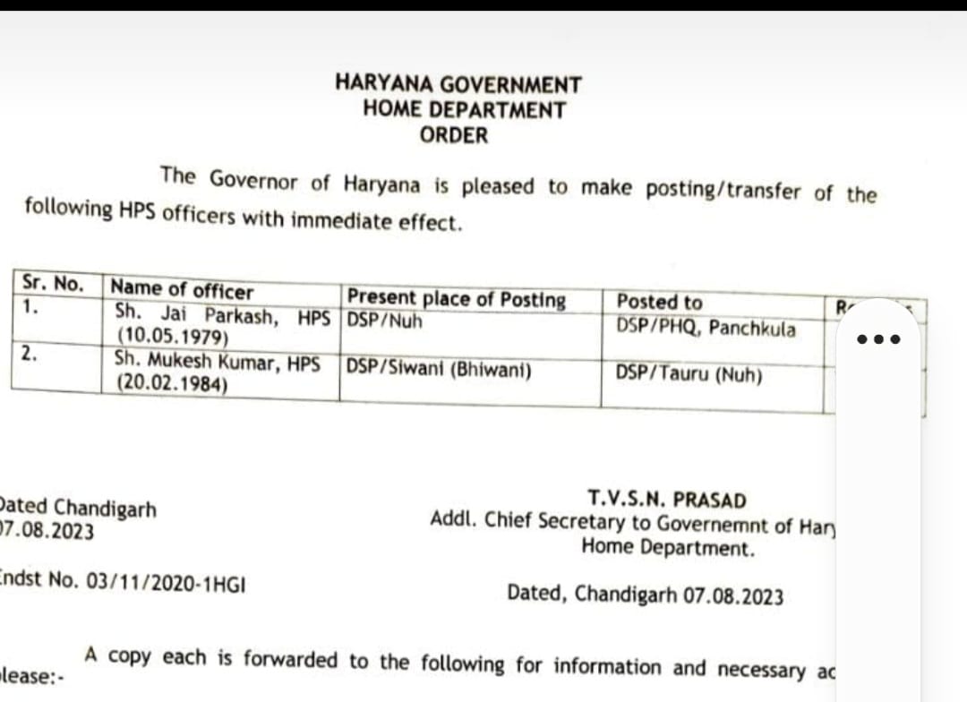 Haryana Police DSP Transfers