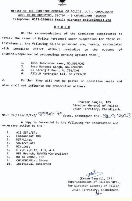 Chandigarh Police Suspended Inspectors Re-instated 