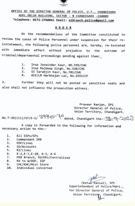 Chandigarh Police Suspended Inspectors Re-instated