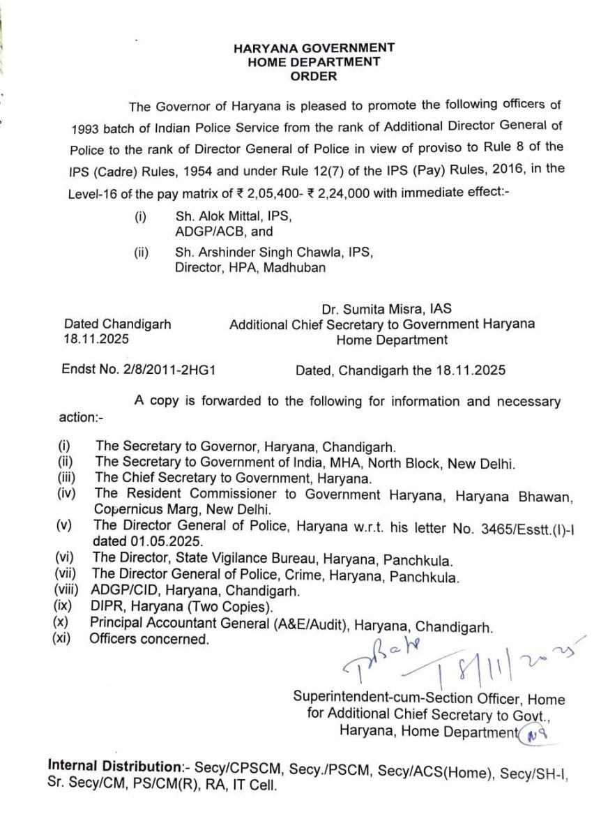 Haryana Two IPS Officers Promotion Alok Mittal Arshinder Chawla