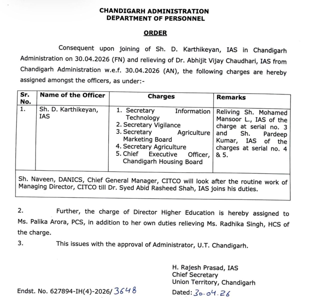 Chandigarh Administration Newly Joined IAS D. Karthikeyan News Latest