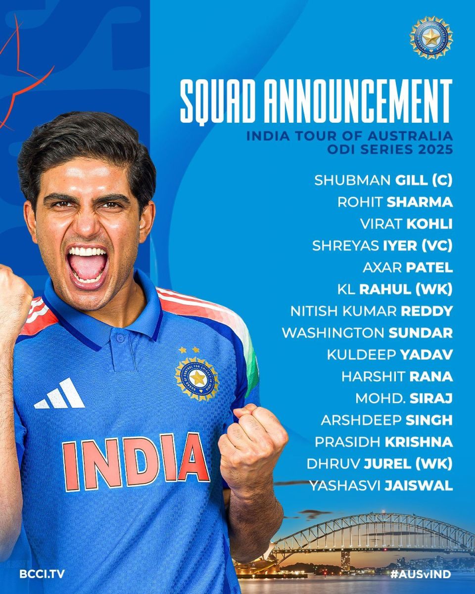 IND vs Aus ODI Series 2025 BCCI Announced India Squad