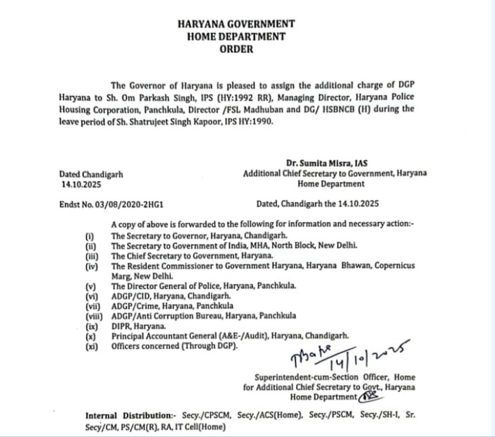 IPS OP Singh Gets Charge of Haryana DGP, DGP Shatrujeet Kapur sent on leave