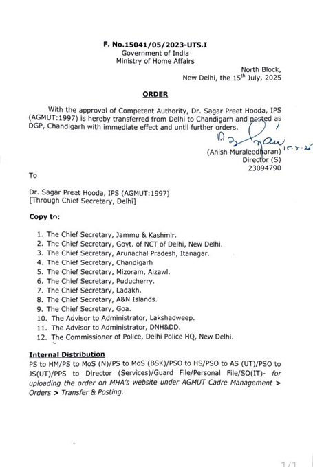 IPS Sagar Preet Hooda Appointed New DGP of Chandigarh