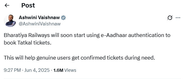 IRCTC Tatkal Ticket Booking e-Aadhaar Verification Required Now