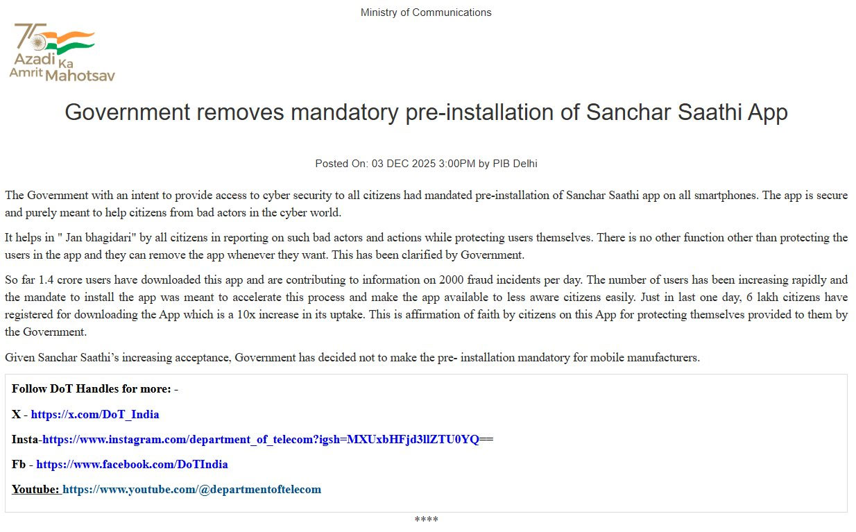 India Government removes mandatory pre-installation of Sanchar Saathi App