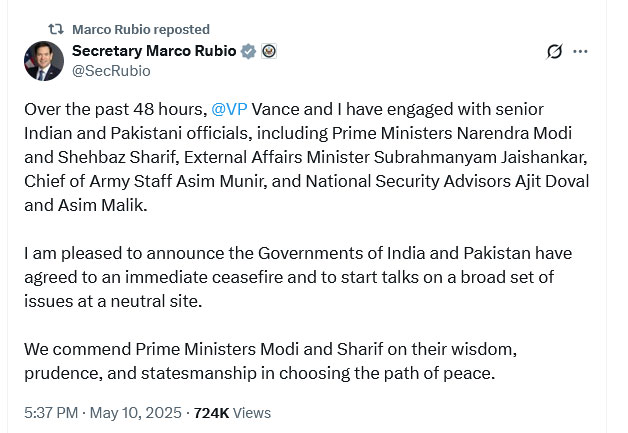 India-Pakistan Ceasefire Announced No Military Action Between Both Countries