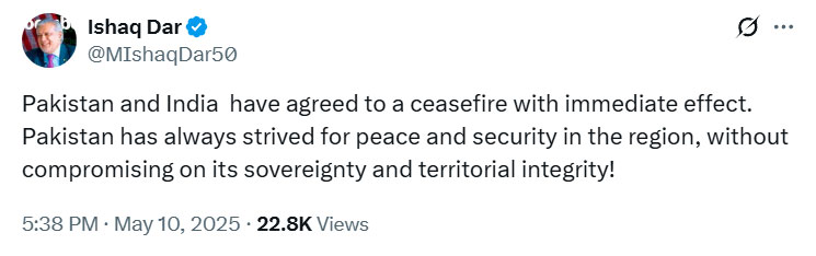 India-Pakistan Ceasefire Announced No Military Action Between Both Countries