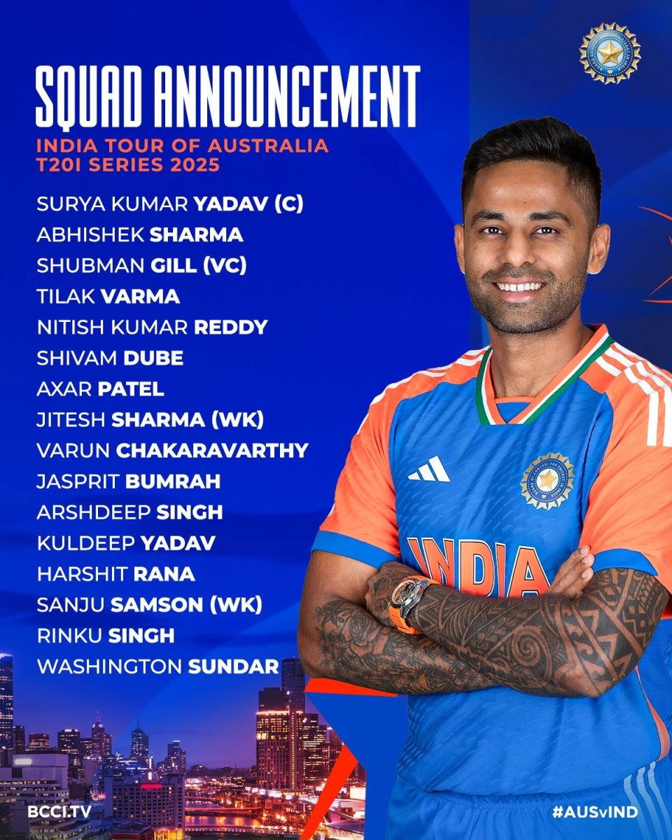 India vs Australia T20 Series 2025 BCCI Announced Team India
