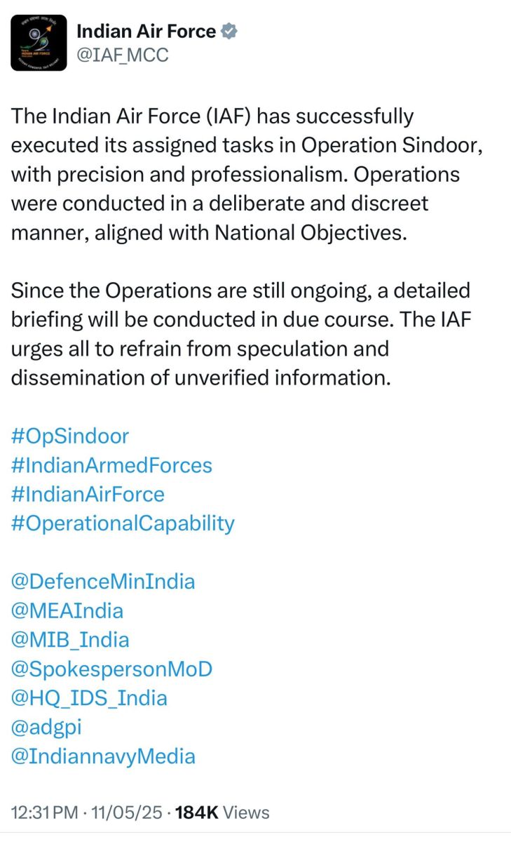 Indian Air Force says Operation Sindoor are still ongoing 