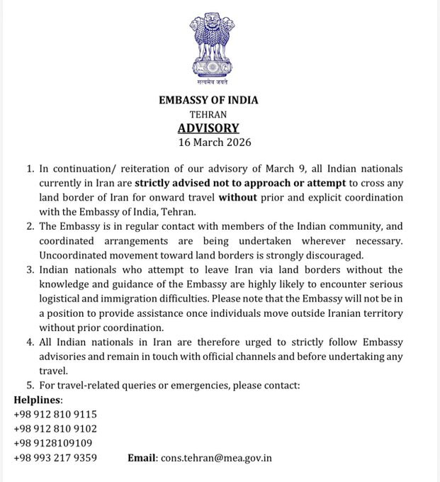 Indian Embassy in Tehran Issues Advisory For Indian Citizens Breaking