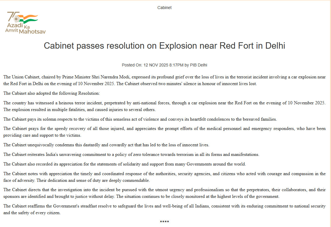  Indian Government officially says Delhi Red Fort Blast as a Terrorist Attack