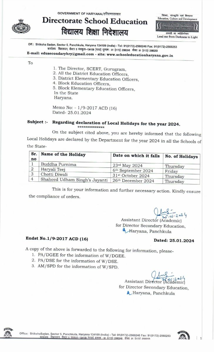 Haryana Schools Local Holidays For Year 2024 Check List