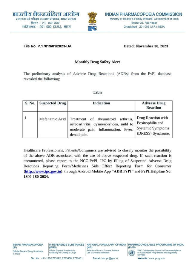 Meftal Spas Painkiller Safety Alert Indian Pharmacopoeia Commission