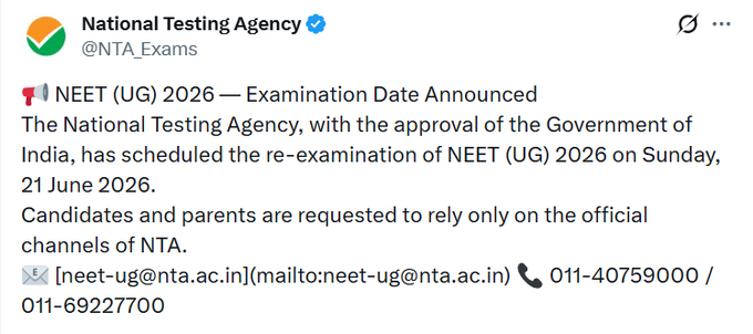 NEET UG 2026 Exam New Date