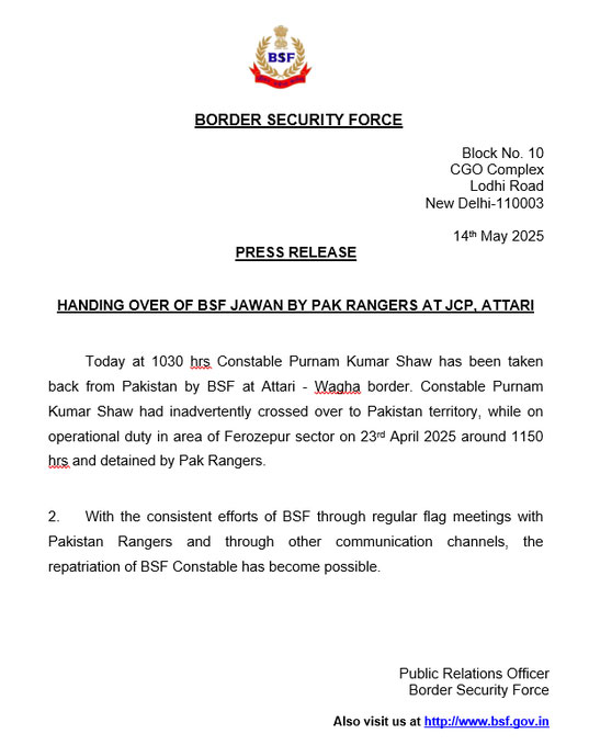 Pakistan Releases Indian BSF Jawan Purnam Kumar News Update