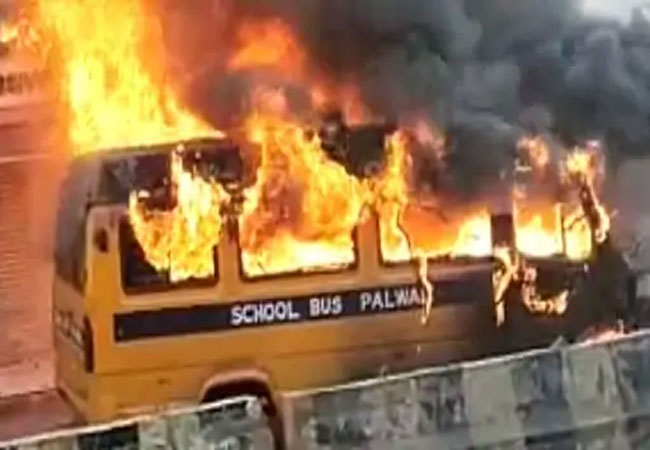 Palwal School Bus Fire Today News