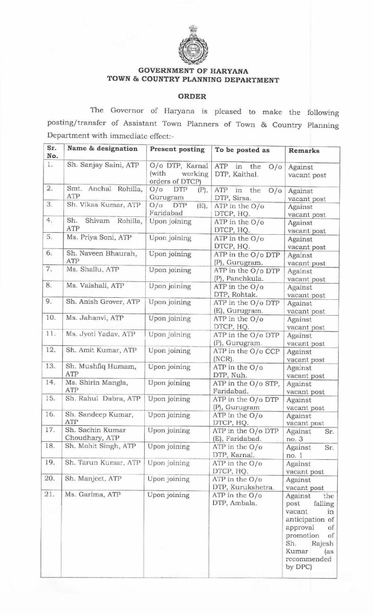 Transfers of Assistant Town Planners