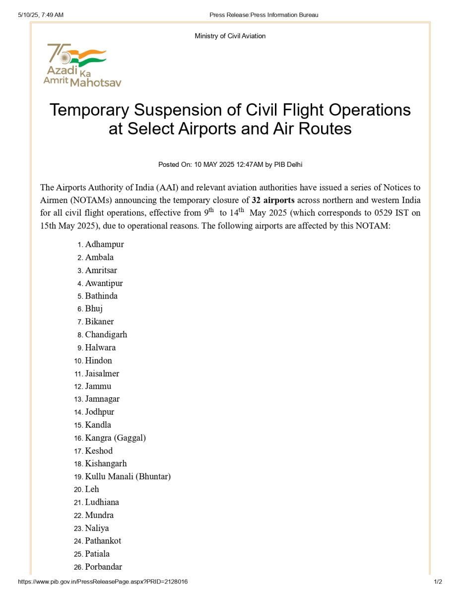 India airport closures May 2025