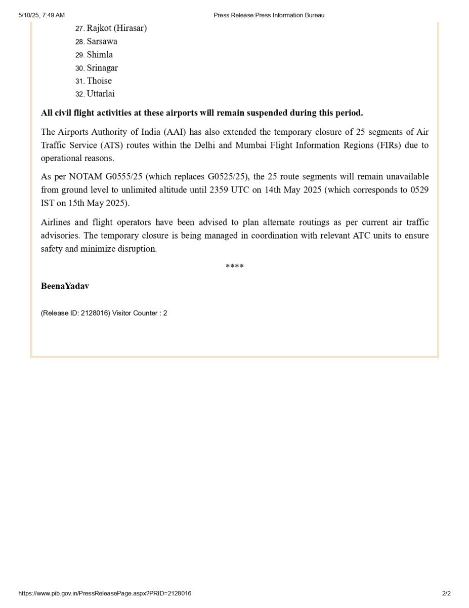 India airport closures May 2025