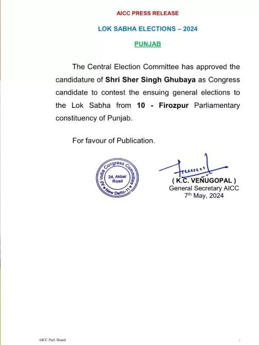 Punjab Firozpur Lok Sabha seat Congress Candidate Declared