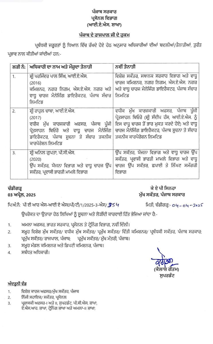 Punjab Govt IAS-PCS Transfers New Order News Latest