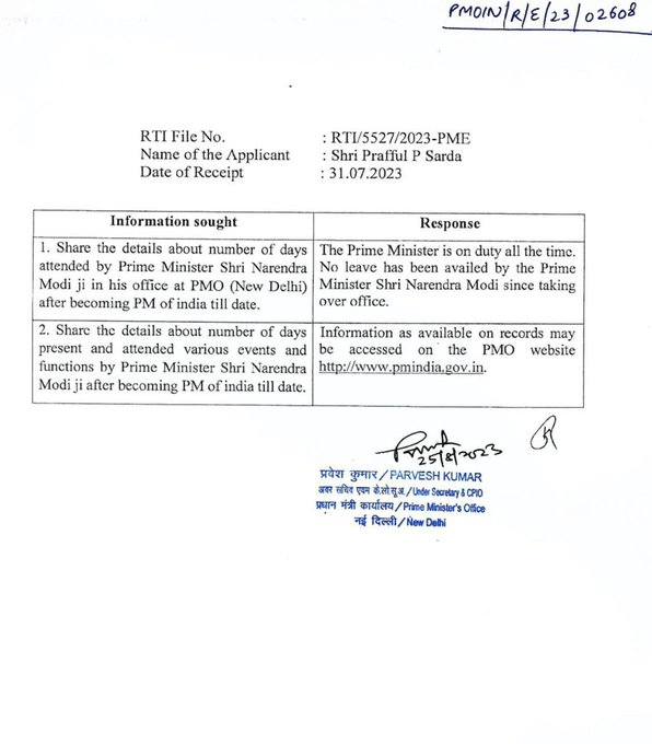 RTI Regarding PM Modi Duty Leave in PMO