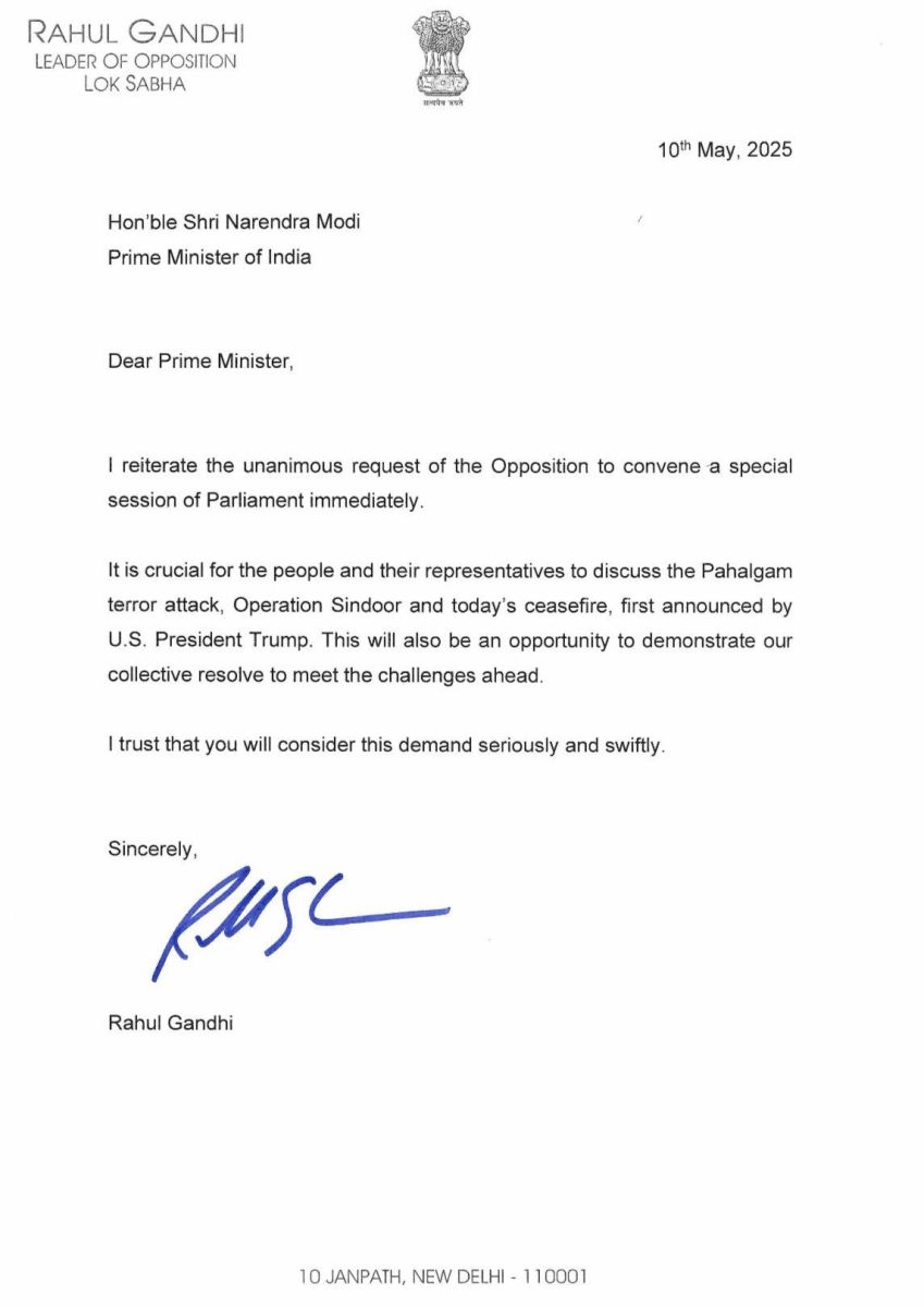 Rahul Gandhi letter to Prime Minister Modi after India-Pakistan Ceasefire