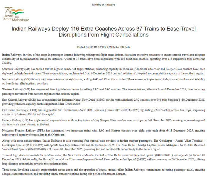 Railway Deploy 116 Extra Coaches To 37 Trains Due To IndiGo Flights Crisis
