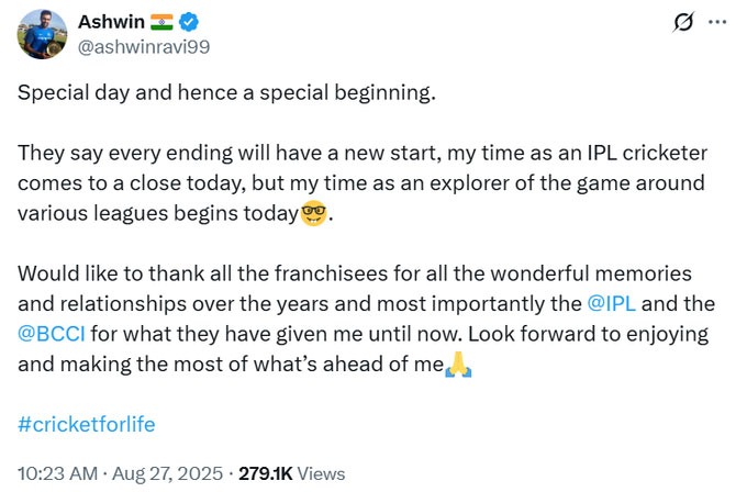 Ravichandran Ashwin IPL Retirement Announced Before 2026 Season