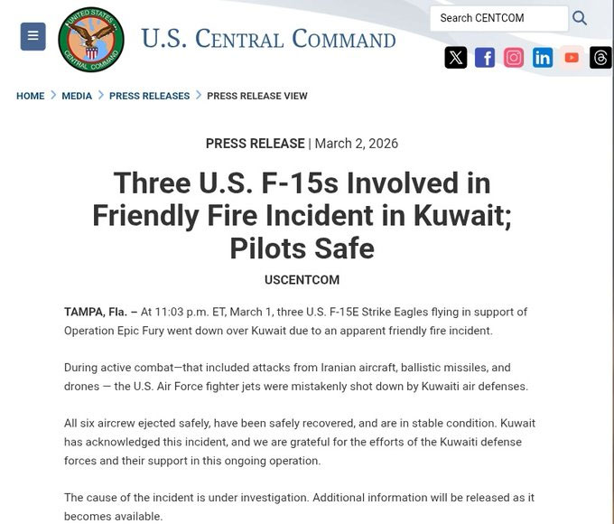 Three US F-15 Crash in Kuwait, Mistekenly Shot Down By Kuwaiti Air Defense 