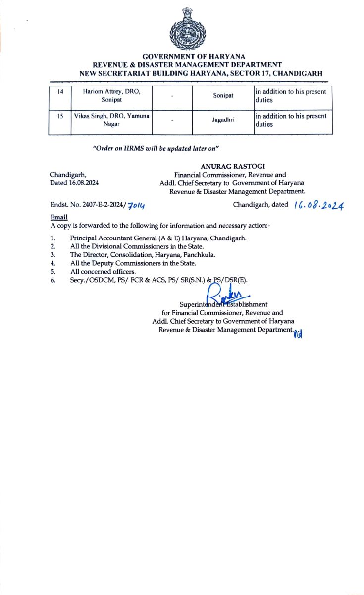 Tehsildar Transfer in Haryana