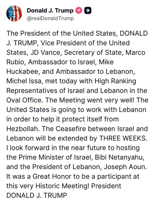 Trump Announces Three-Week Extension of Ceasefire Between Israel and Lebanon
