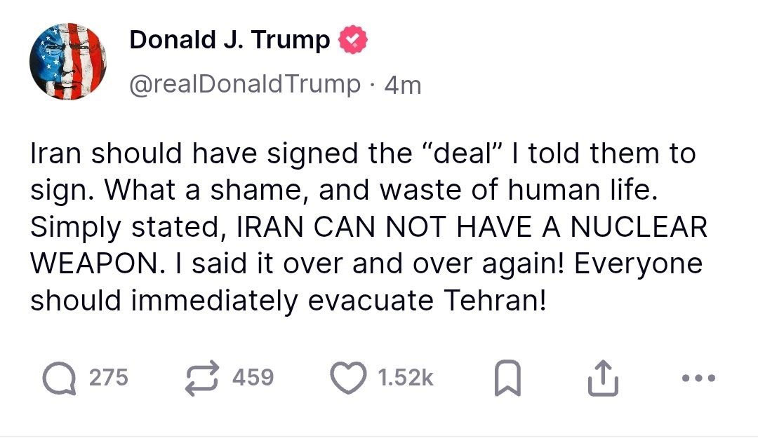 Trump Says All People in Iran To Immediately Evacuate From Tehran 