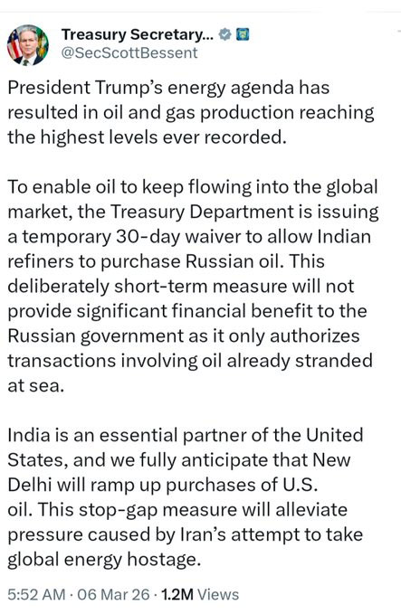 US 30-Day Waiver To Allow India For Purchase Russian Oil