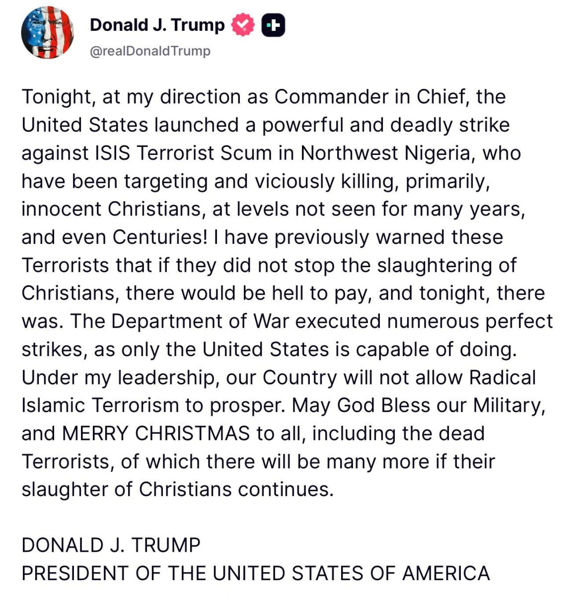  US Attack On ISIS In Nigeria After Syria Donald Trump Says Merry Christmas